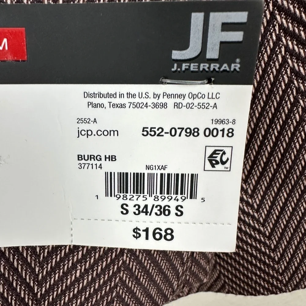 J.Ferrar Mens‎ S 34/36 Short Blazer Burgundy Herringbone Slim Fit Sport Coat NEW